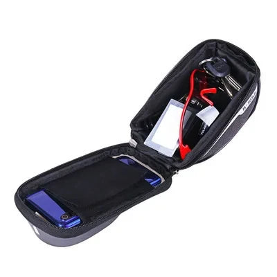 Black bike phone bag opened, showing interior compartment and elastic straps