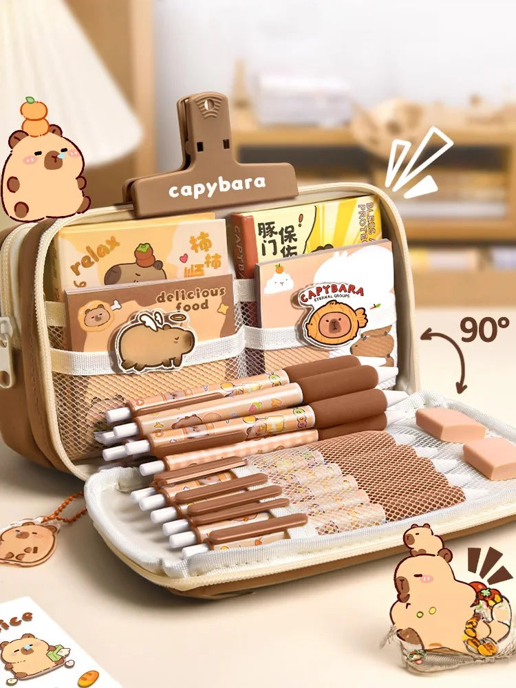 Beige and brown capybara pencil pouch with zipper, open top and cute front patch