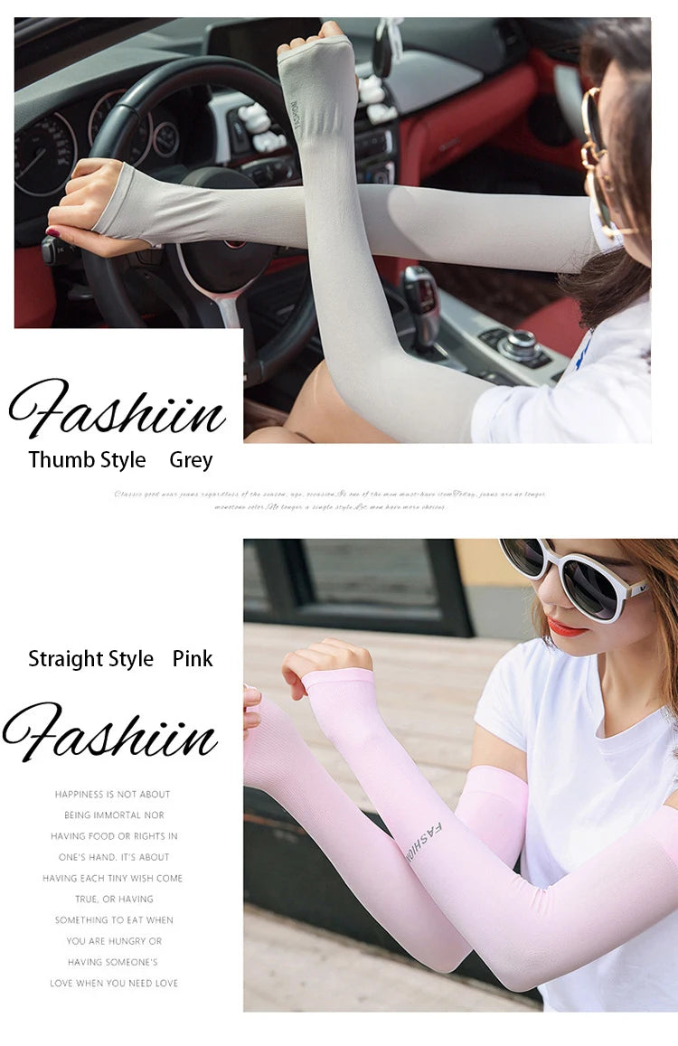 Grey and pink UV arm covers with thumb opening, worn on forearms