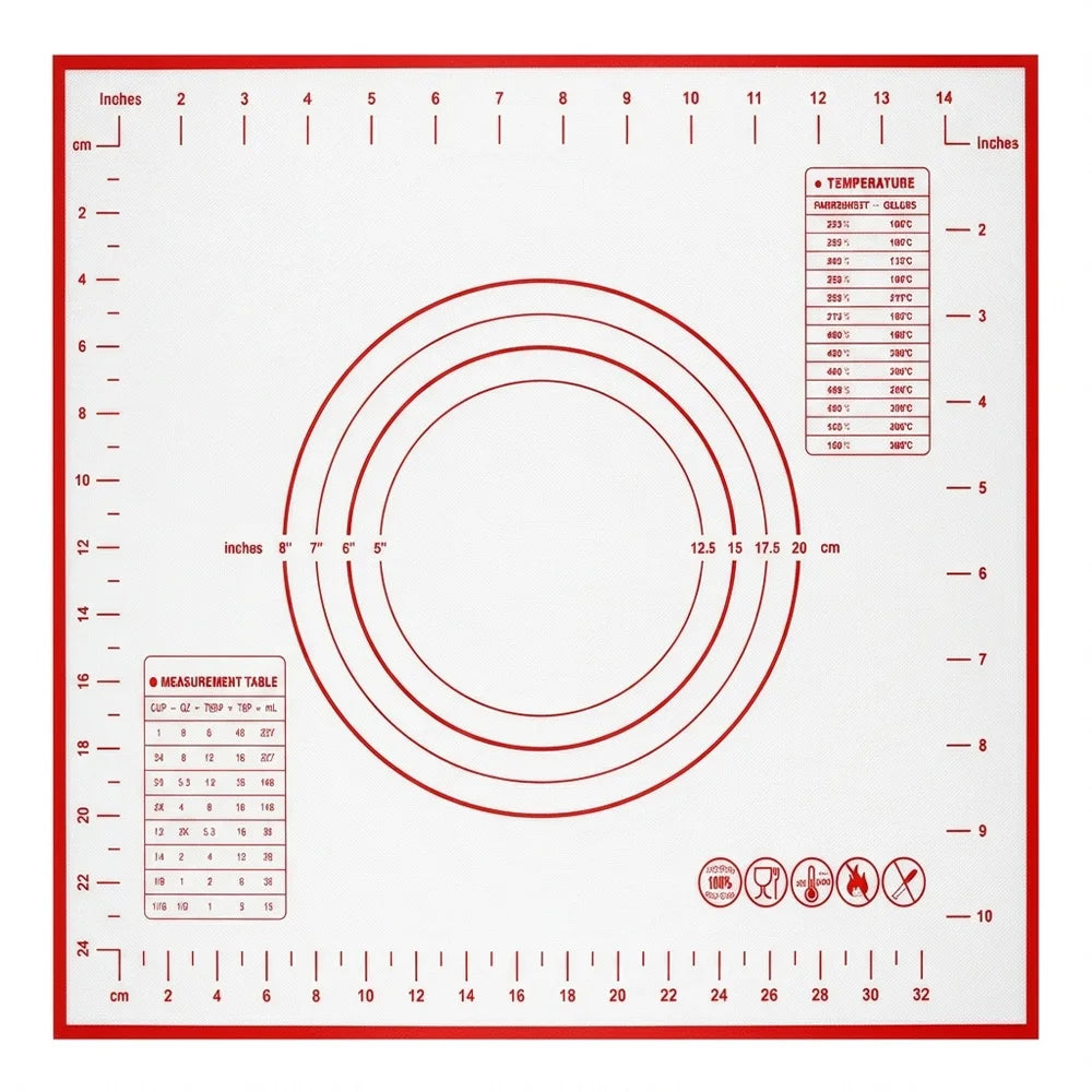 Silicone baking mat with concentric circle guide, measurement table, and temperature guide