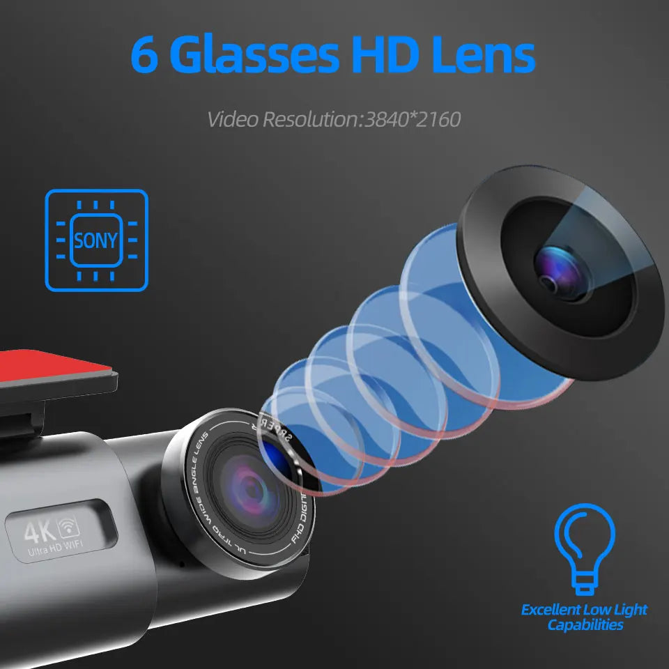 Dash cam front lens close-up with multi-glass optics for low-light recording