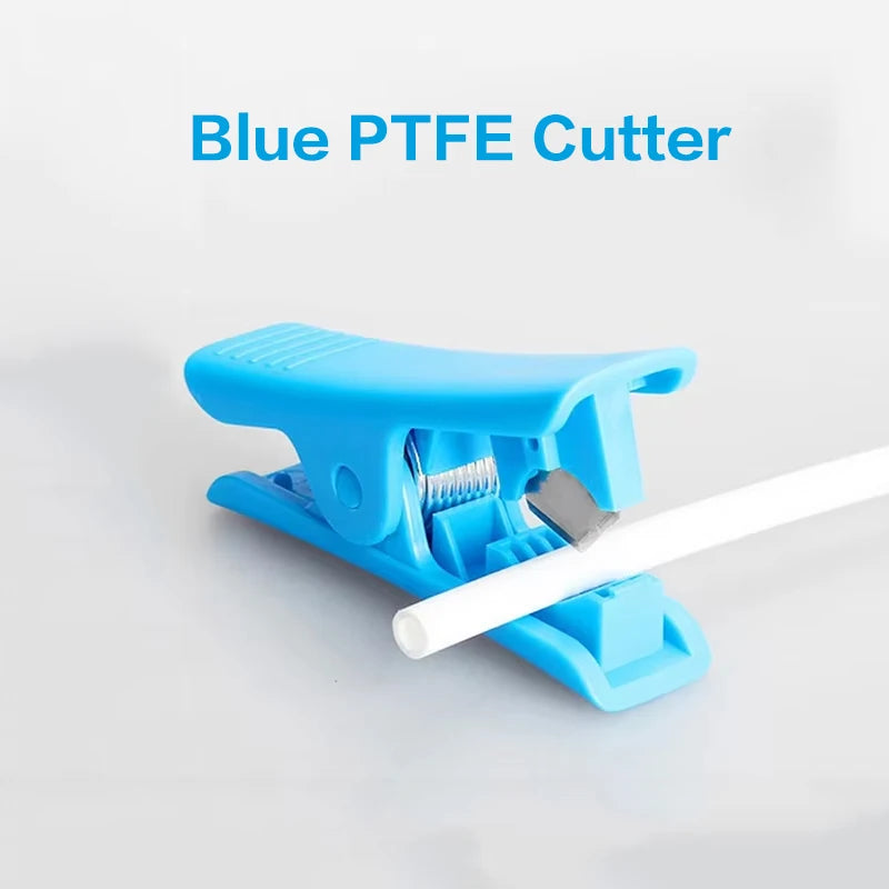 Blue PTFE tube cutter tool with handle and cutting blade for tubing prep