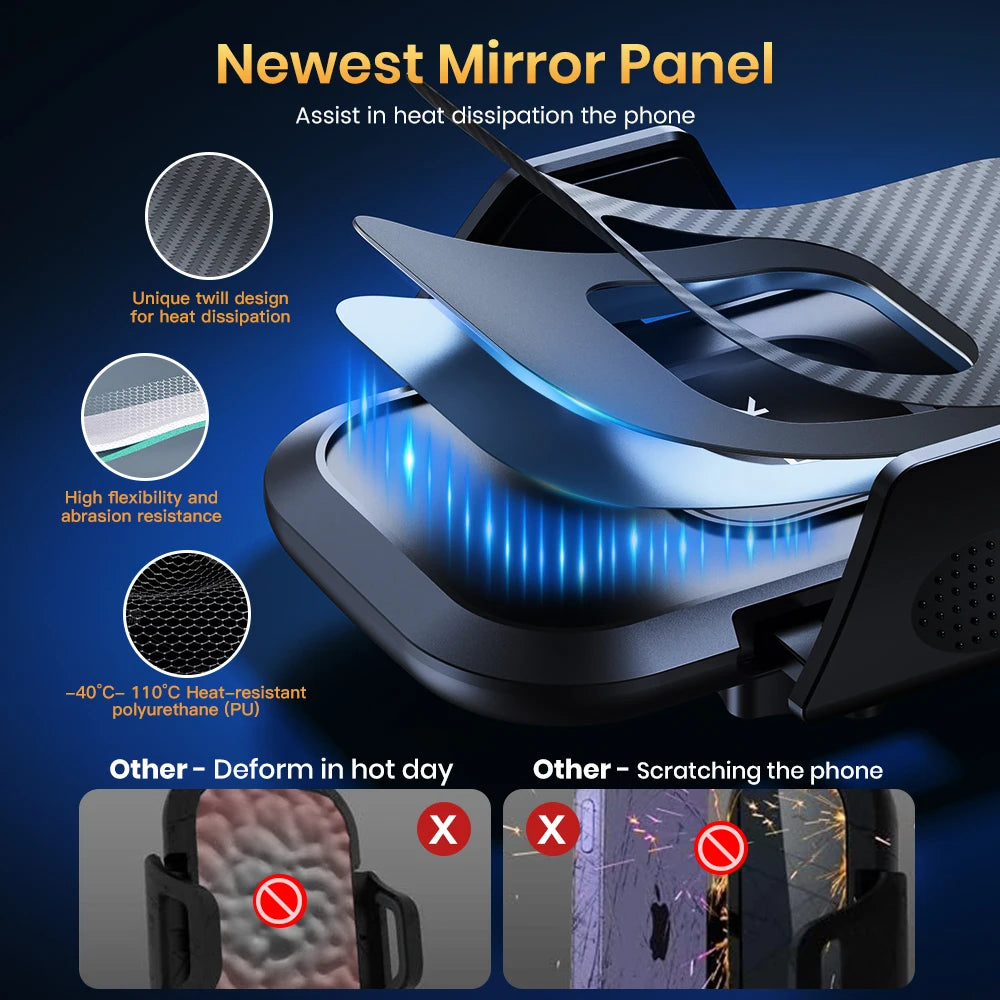 Black car phone holder mount with heat-dissipating panel surface