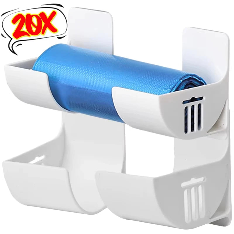Wall-mounted trash bag holder rack, white plastic with blue waste bag roll insert