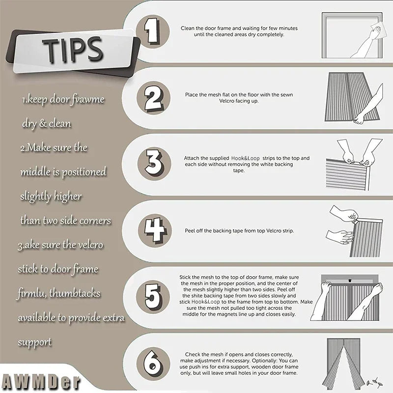 Magnetic mesh door curtain installation steps infographic with fastening placement