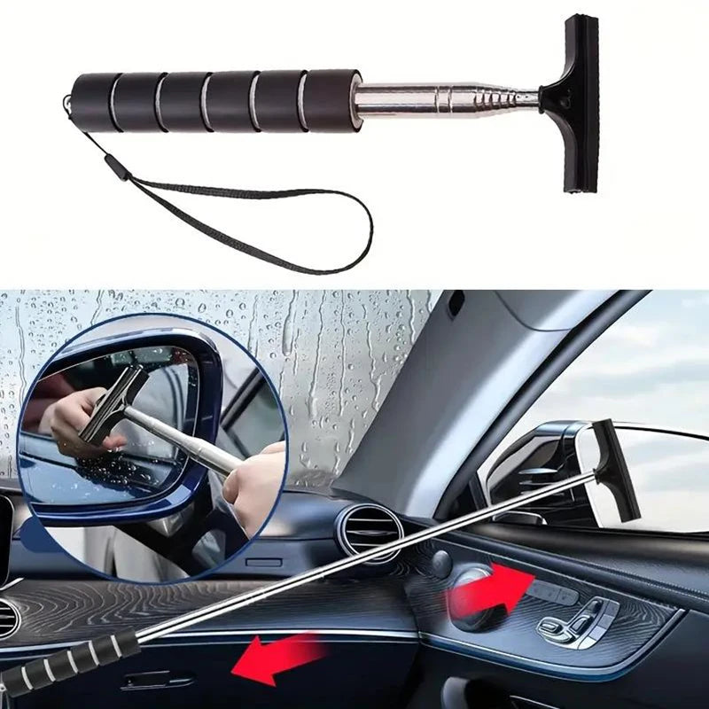 Telescopic rearview mirror scraper with black rubber head, spiral handle segments, wrist cord