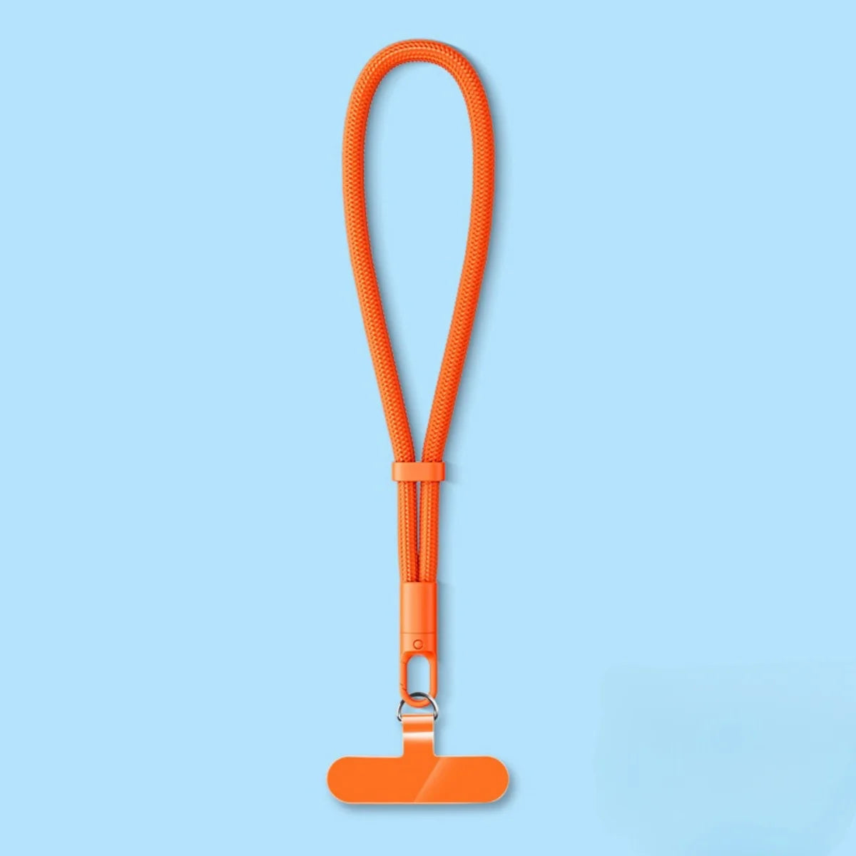 Orange adjustable mobile phone lanyard strap with self-locking clip and loop.