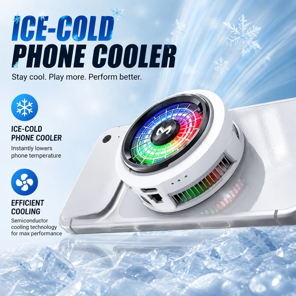 White phone cooler clip-on fan with multicolor LED display ring