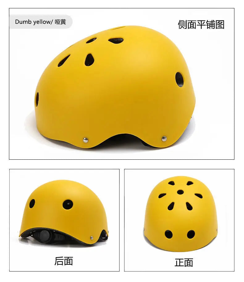 Kids bike helmet color option: matte yellow shown from side, front, and back views.