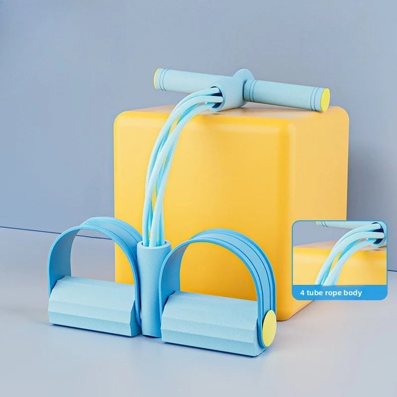 Blue 4-tube resistance band pedal puller with two foot pedals and base frame
