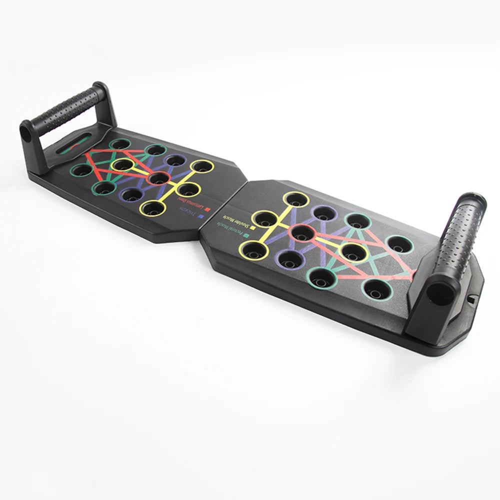 Foldable push-up board with colored workout guide lines and end handle grips