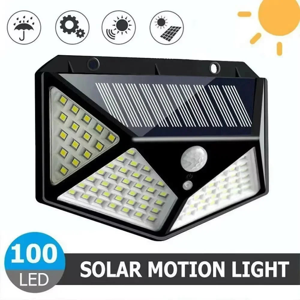 Black solar motion sensor outdoor LED spotlight with three LED panels and front PIR sensor
