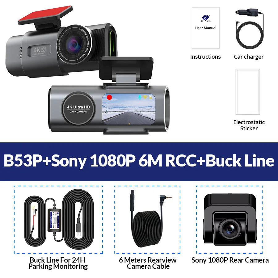 Dash cam kit with 24H parking buck line, rear camera, and 6m camera cable