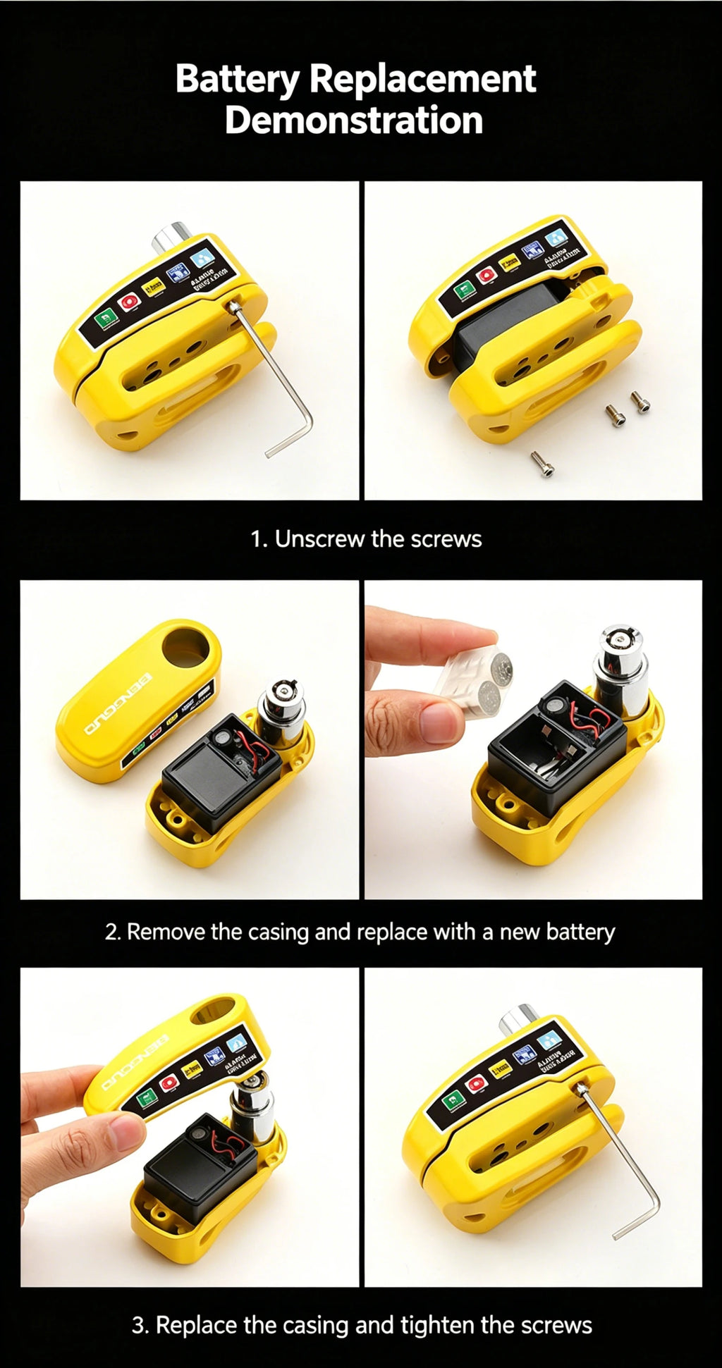 Yellow disc brake lock battery replacement demonstration, opened casing shown