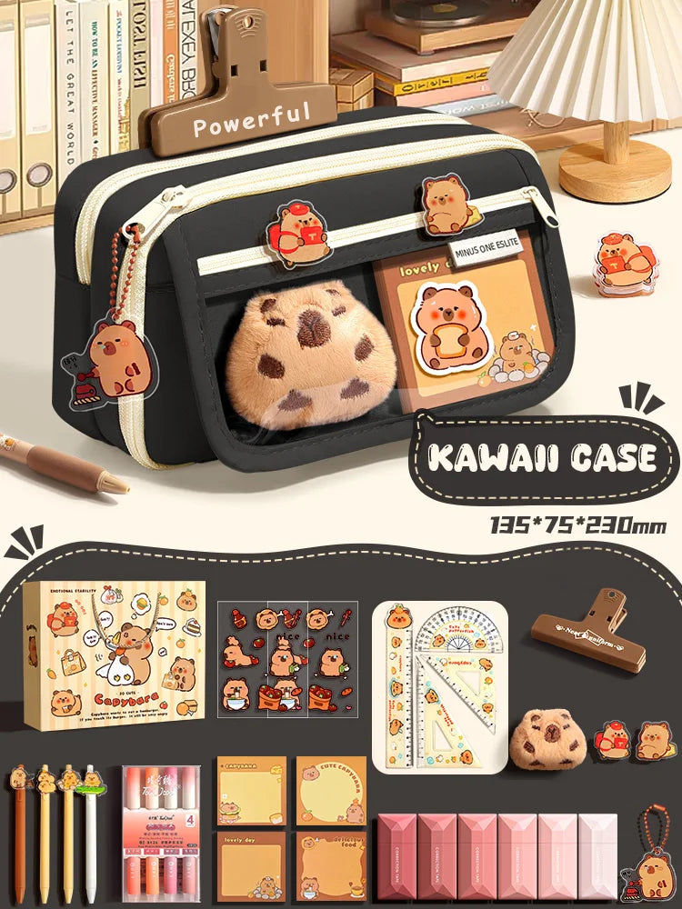 Black fabric pencil case with zipper, animal patches, and panda plush front pocket