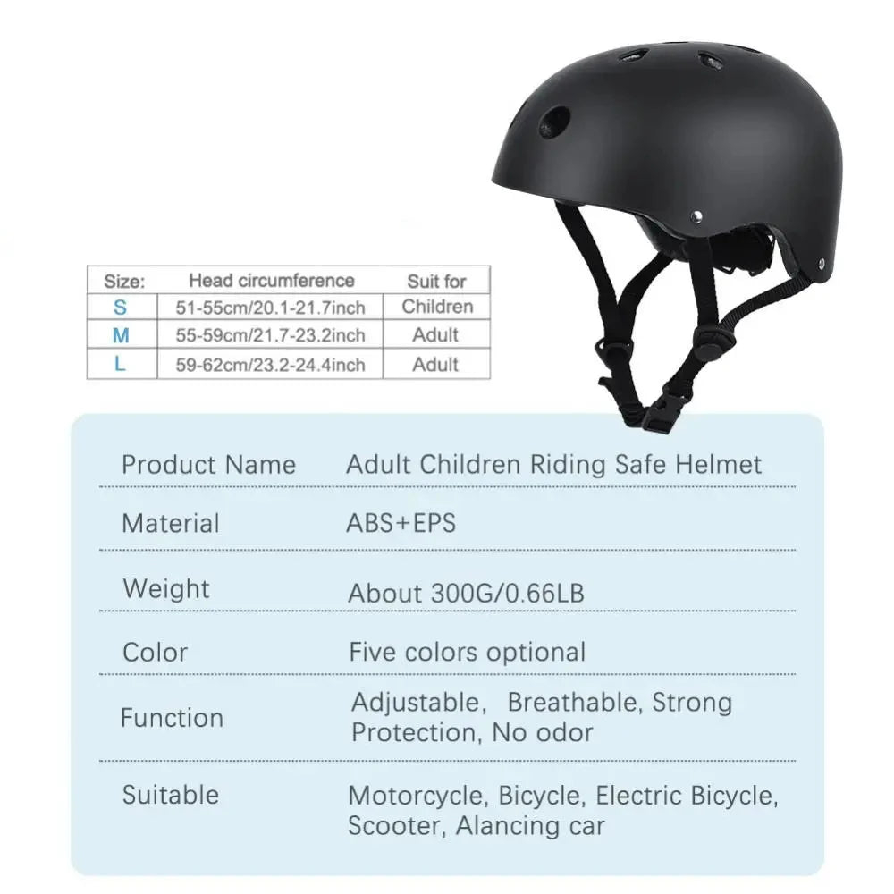 Kids bike helmet, matte black; includes size and product information chart.