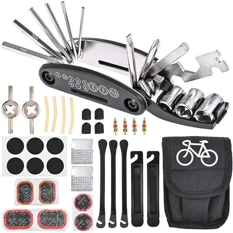 Bicycle repair kit with multi-tool, bits, patch pieces, and storage pouch
