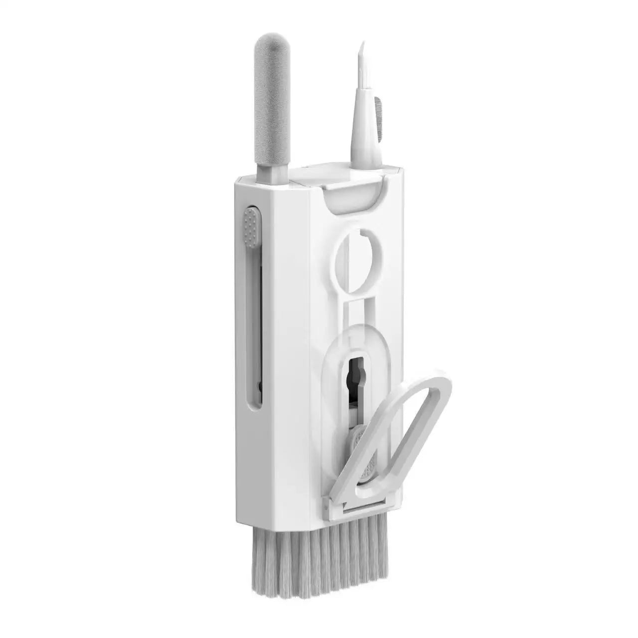 White handheld cleaning kit stand with brush and cleaning pen attachments