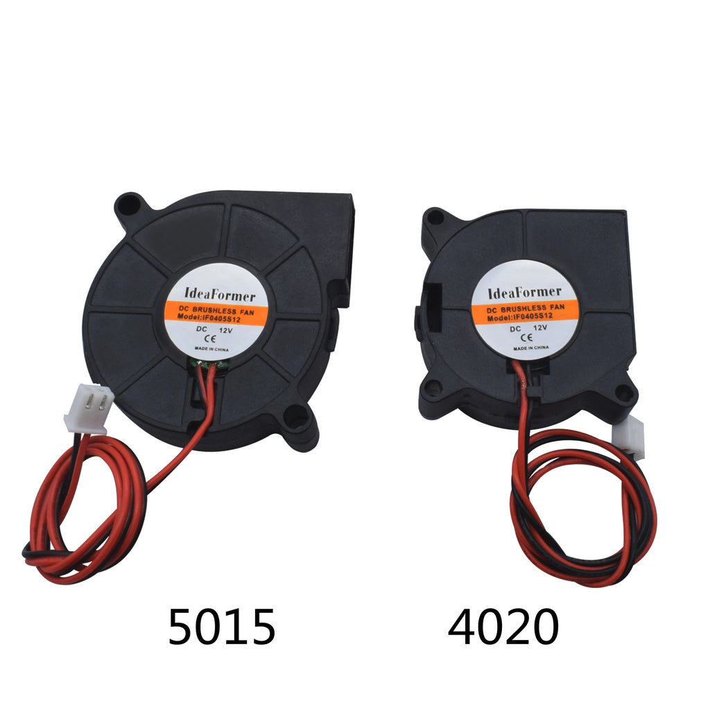 Two black DC brushless cooling fans with red wiring and connectors; labeled 5015 and 4020.