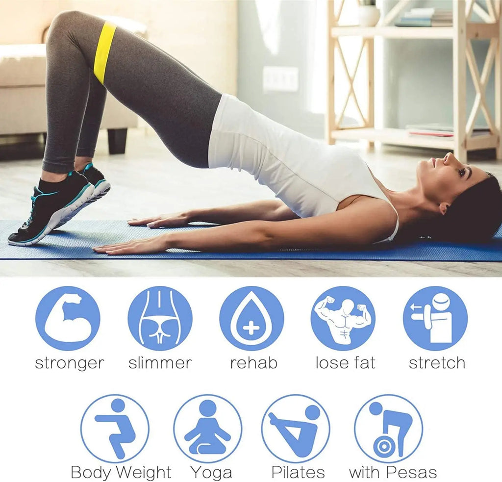 Yellow resistance loop band placed over thighs for glute bridge exercise
