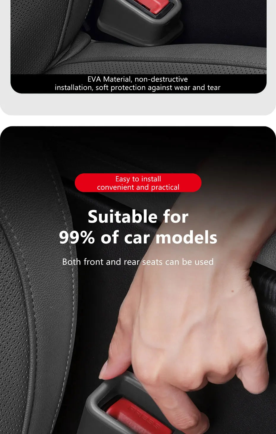 Hand installing black seat belt buckle protective cover on car seat