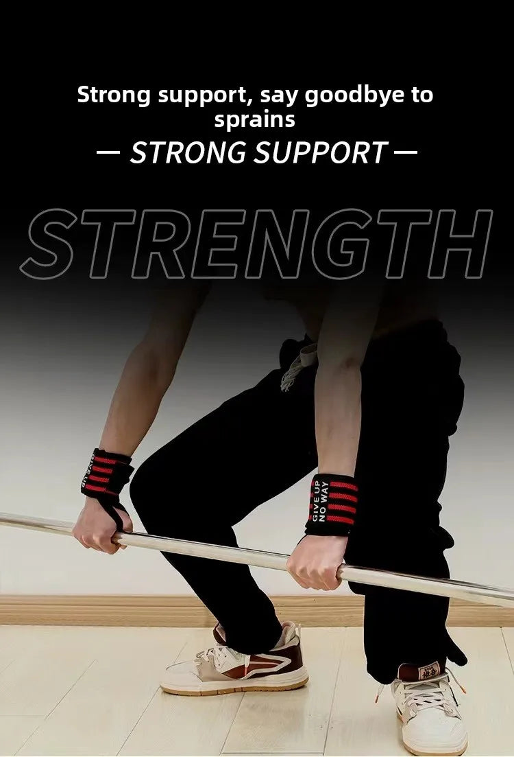 Wrist support brace straps with red stripe pattern on wrists during bar training