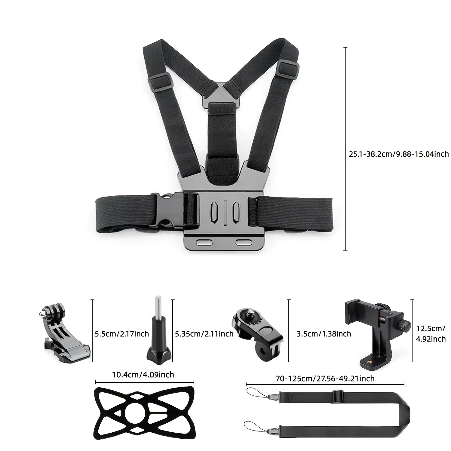 Adjustable black chest and head harness mount with metal base plate and straps