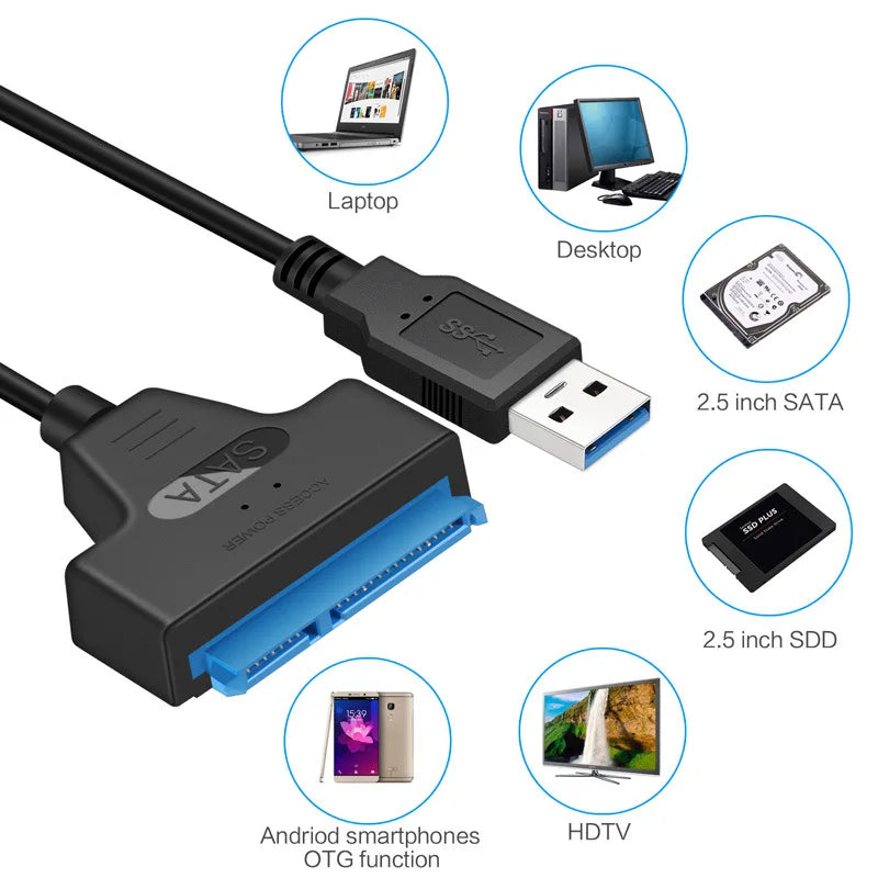 SATA to USB adapter cable with black 22-pin connector and USB-A 3.0 plug, blue LED