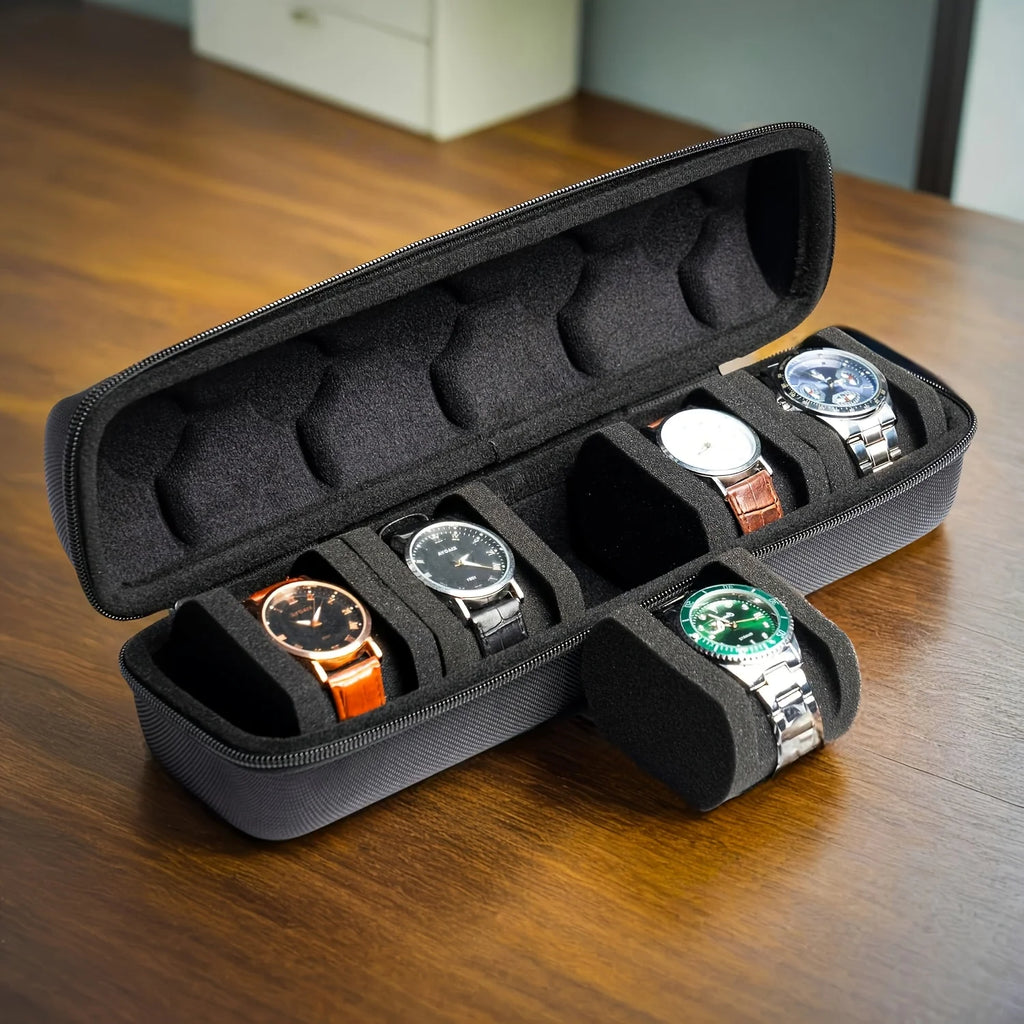 Black hard-shell 5-slot watch case with foam padding, holding five wristwatches.