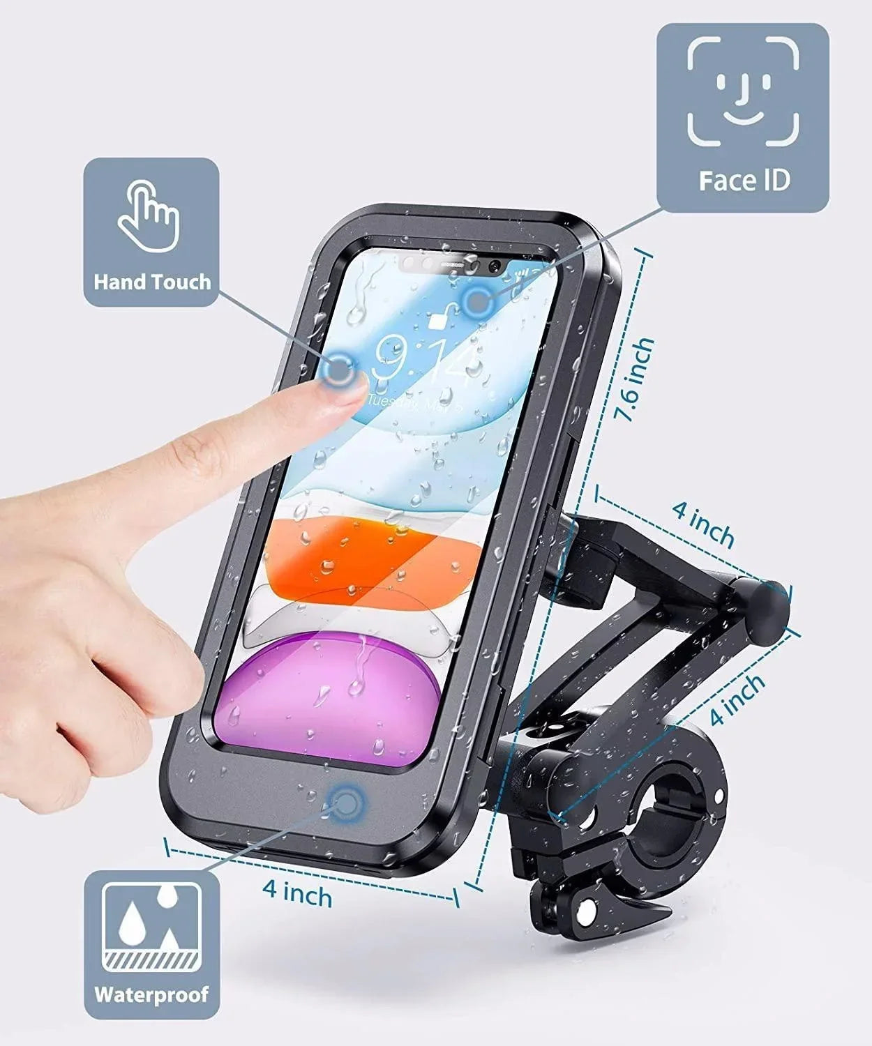 Black waterproof touch-compatible phone mount with touchscreen phone held securely
