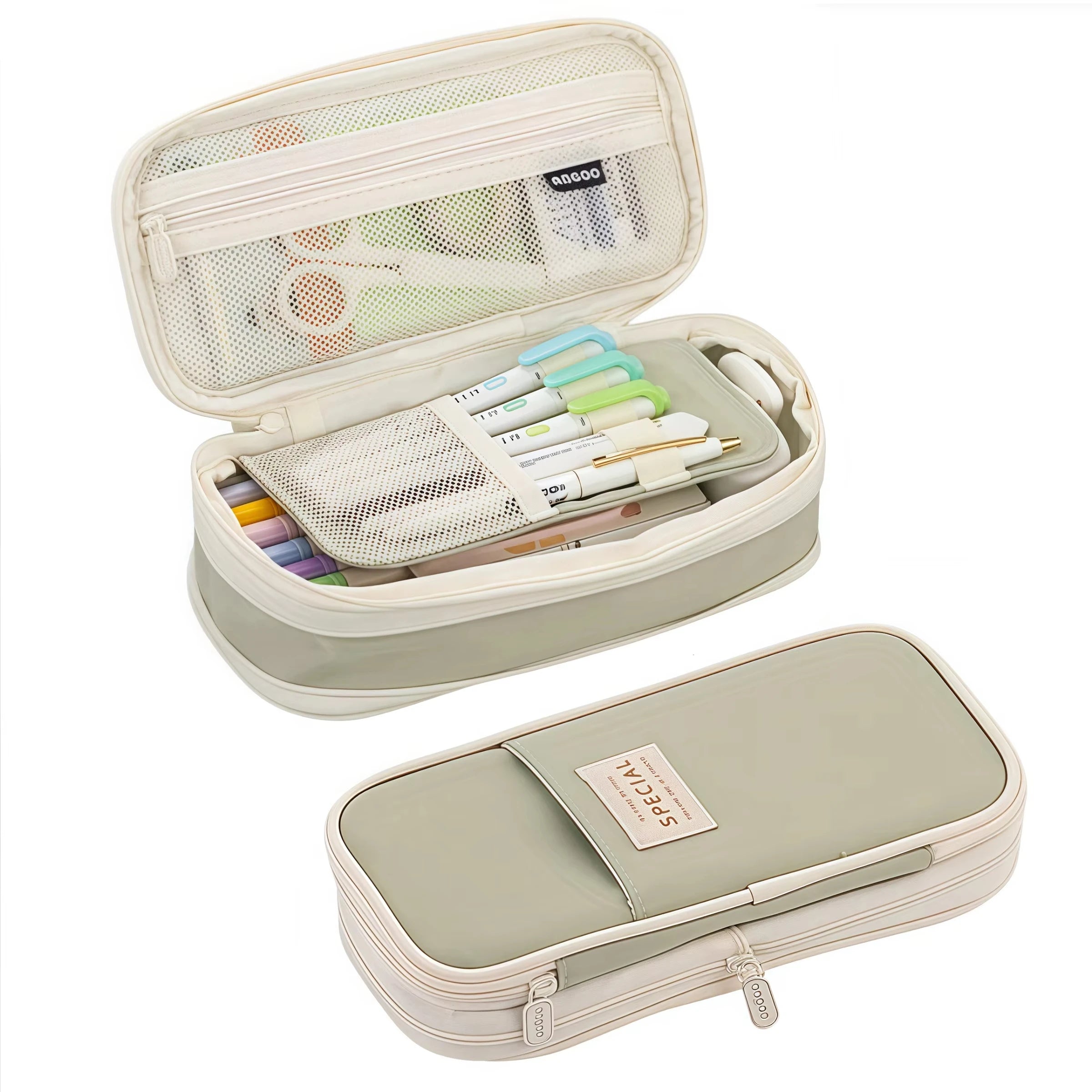 Beige pencil case with mesh organizer top and light green inner panel plus zip closure