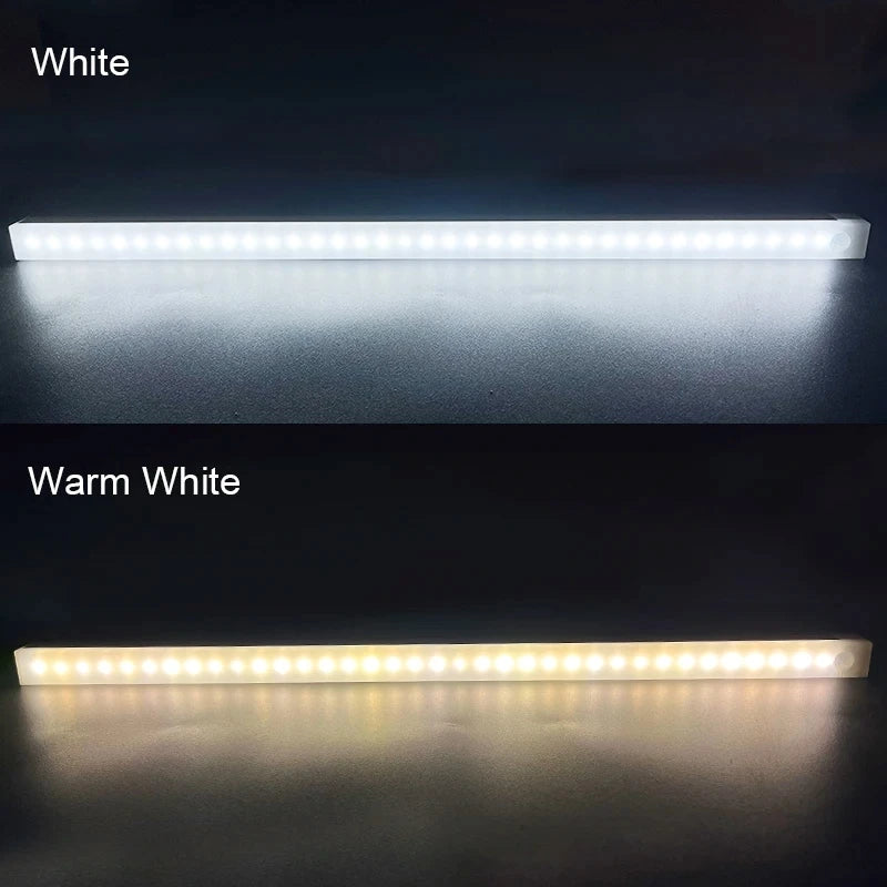 Motion sensor LED strip night light showing white and warm white light modes, glowing bar