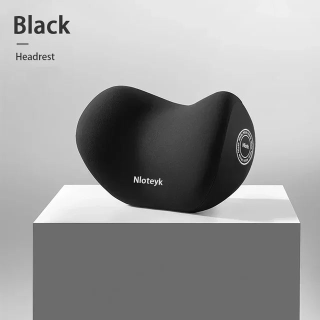 Memory foam headrest pillow, black curved cushion with side logo detail