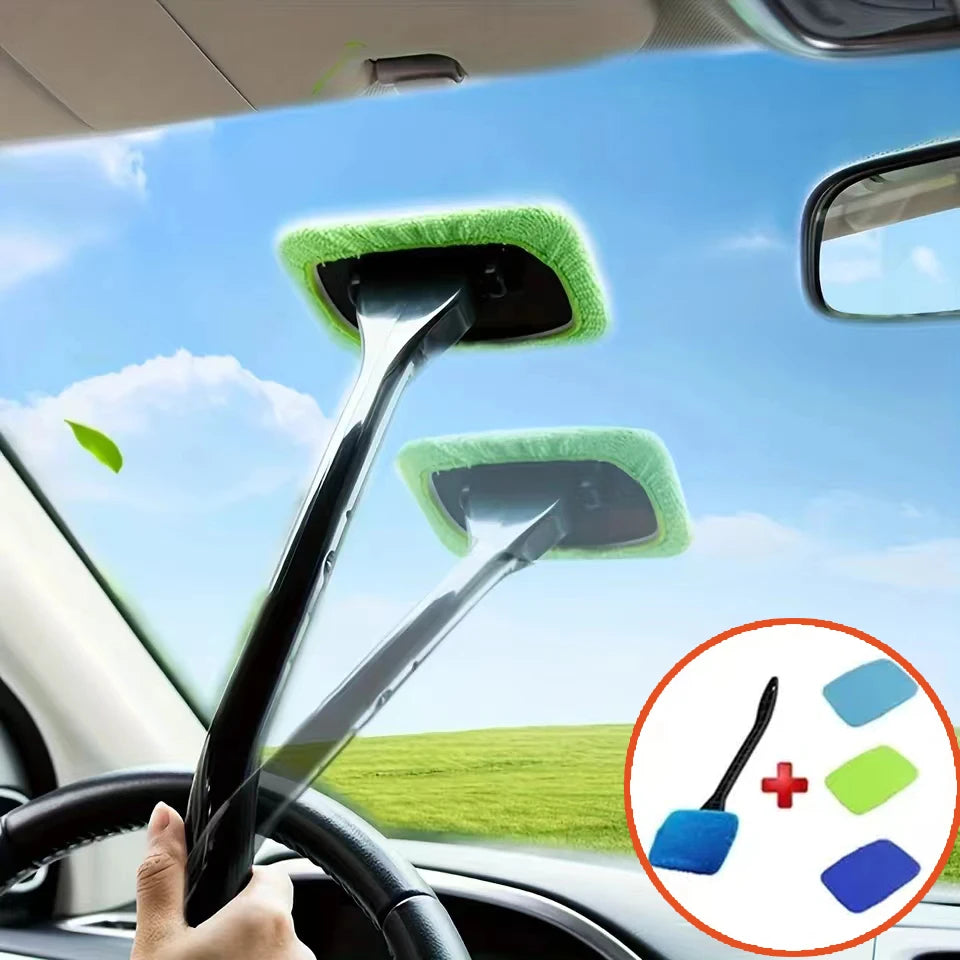 Long-handle windshield cleaning brush with green microfiber pad for interior glass