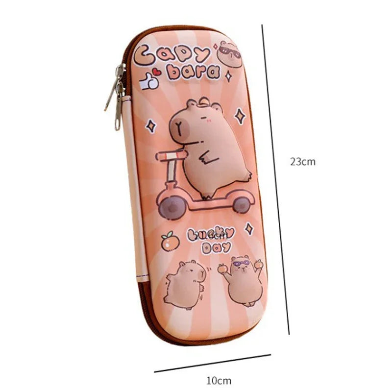 Pink capybara pencil case, vertical view with brown zipper and character illustrations.