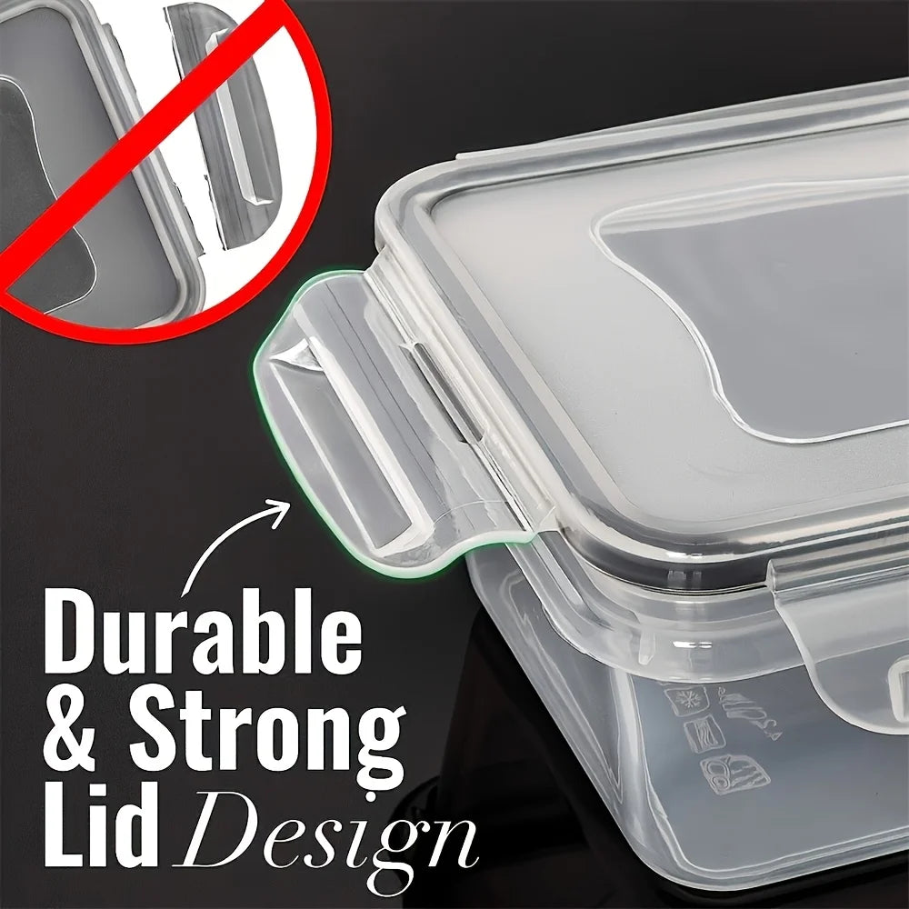 Close-up of clear plastic airtight container with locking lid hinge and latch mechanism.