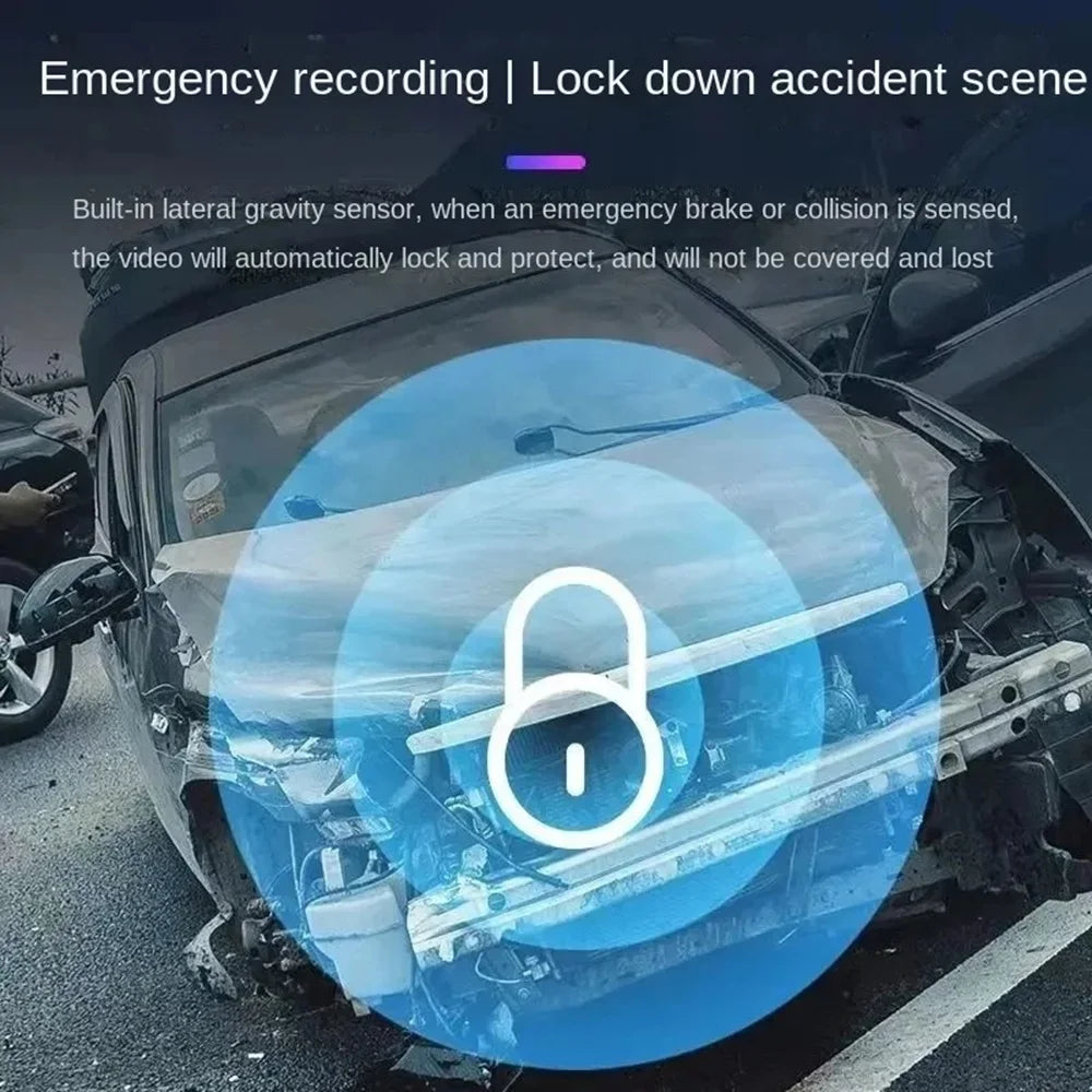 Dash camera with emergency recording lock icon overlay on car windshield view