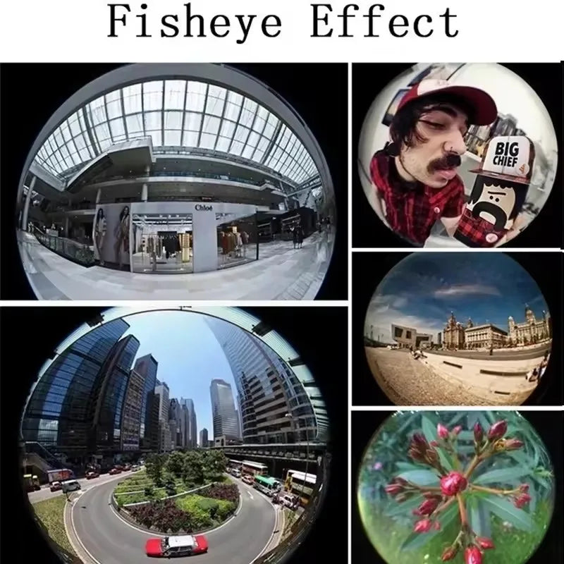 Fisheye effect shown through the phone lens, creating wide panoramic circular view