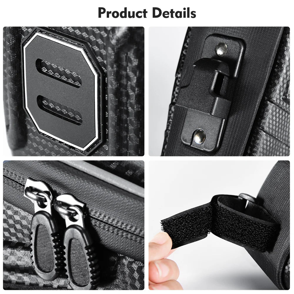 Black bicycle saddle bag hardware details: side latch, straps, and zipper pull