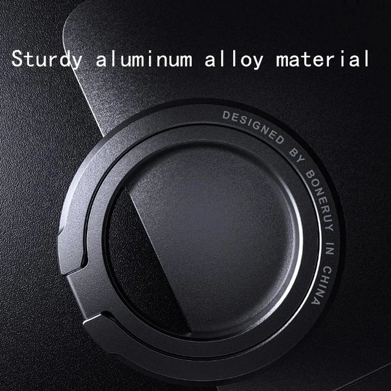 Black magnetic phone ring holder, round alloy ring with adjustable finger loop