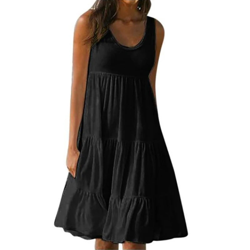 Black sleeveless mini dress with tiered ruffle skirt and scoop neckline