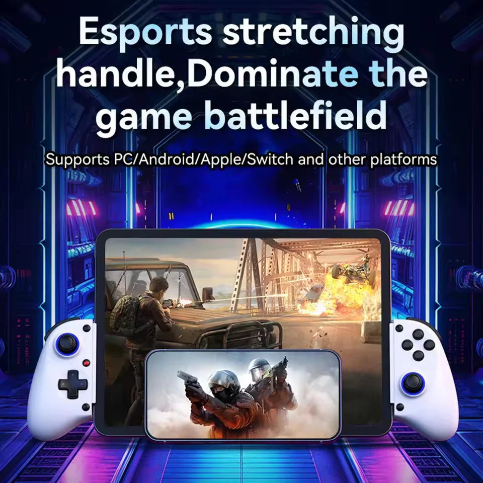 Wireless phone game controller with phone mount holding gameplay screen, dual blue-lit handles