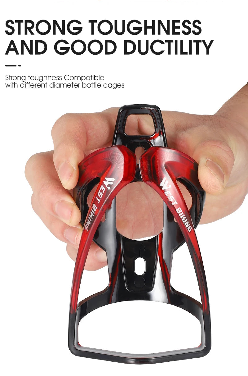 Red and black bicycle water bottle cage with metal mounting slots for screws.