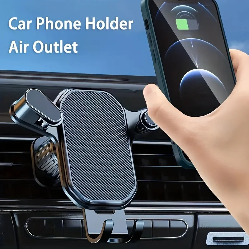 Black car air-vent phone holder clip holding a smartphone mounted on the vent