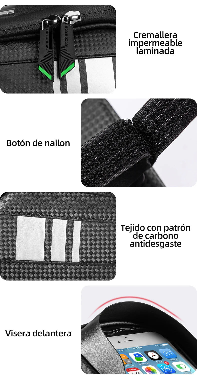 Waterproof bicycle frame bag detail: sealed zipper, carbon-pattern grip, touch window