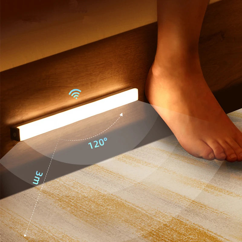 Motion-activated LED night light bar on wall with glowing strip near floor