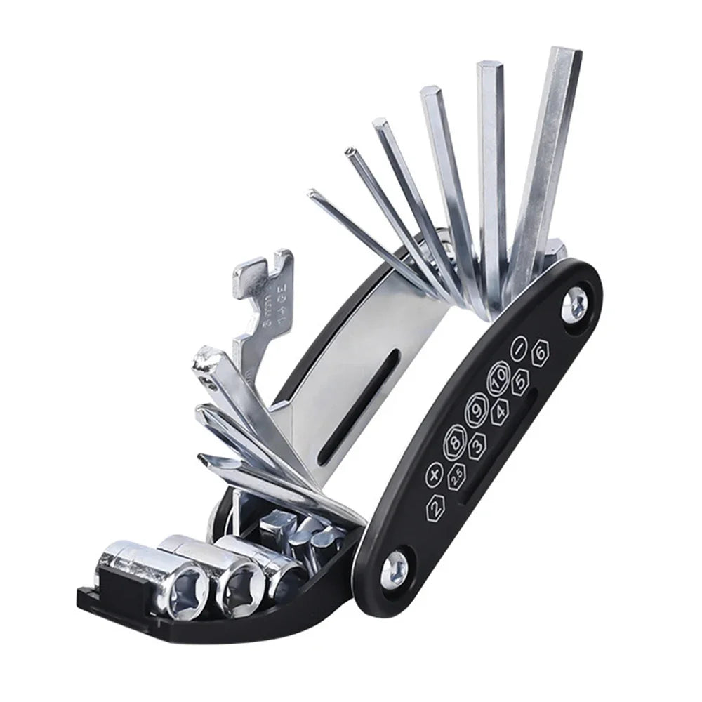 Compact bike multi-tool with fold-out hex bits and wrench heads