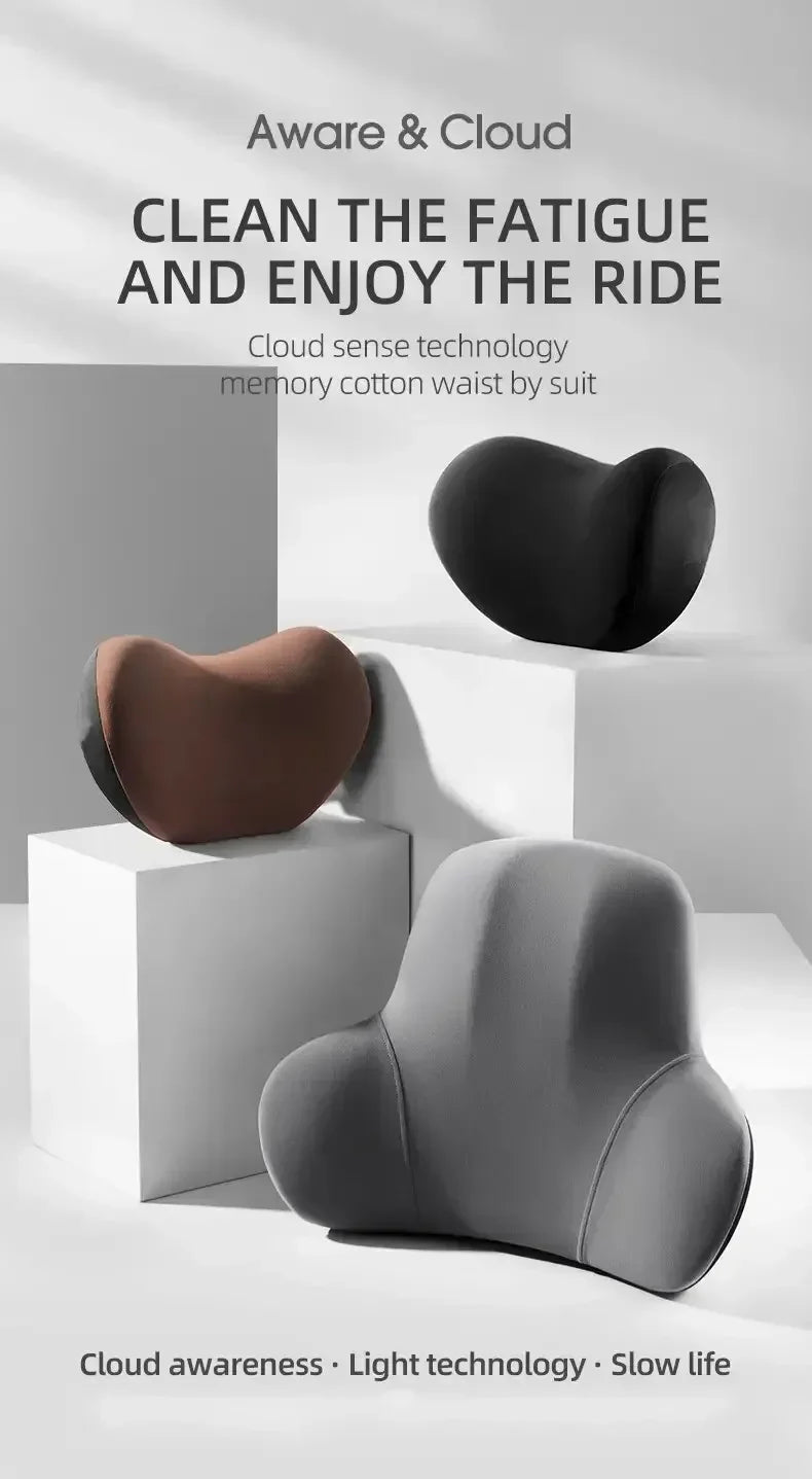 Car neck and lumbar support cushions, black memory-foam set with curved design