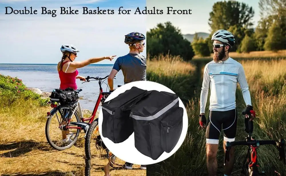 Black double bike pannier bags with reflective gray stripes for rear seat