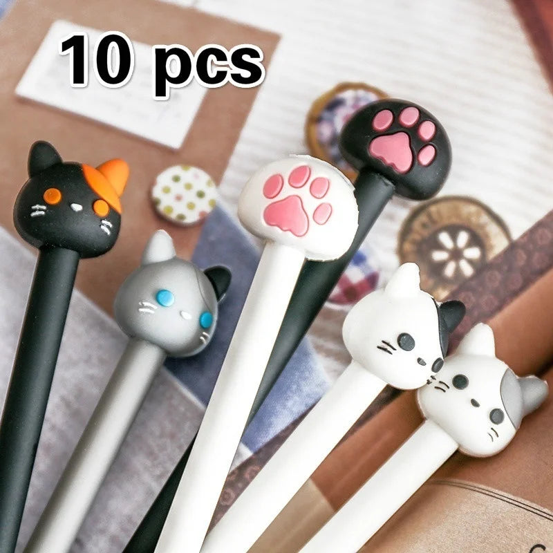 Kawaii cat gel pen set (10-pack) with black and white cartoon claw caps